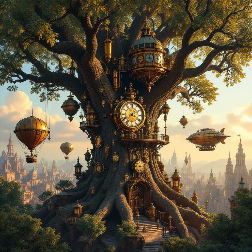 Steampunk City Inside Ancient Tree
