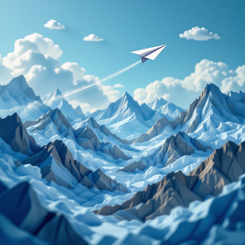 Paper Landscape with Airplane and Drawn Clouds