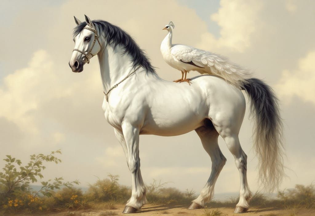 Noble White Stallion with Peacock in Classical Realism