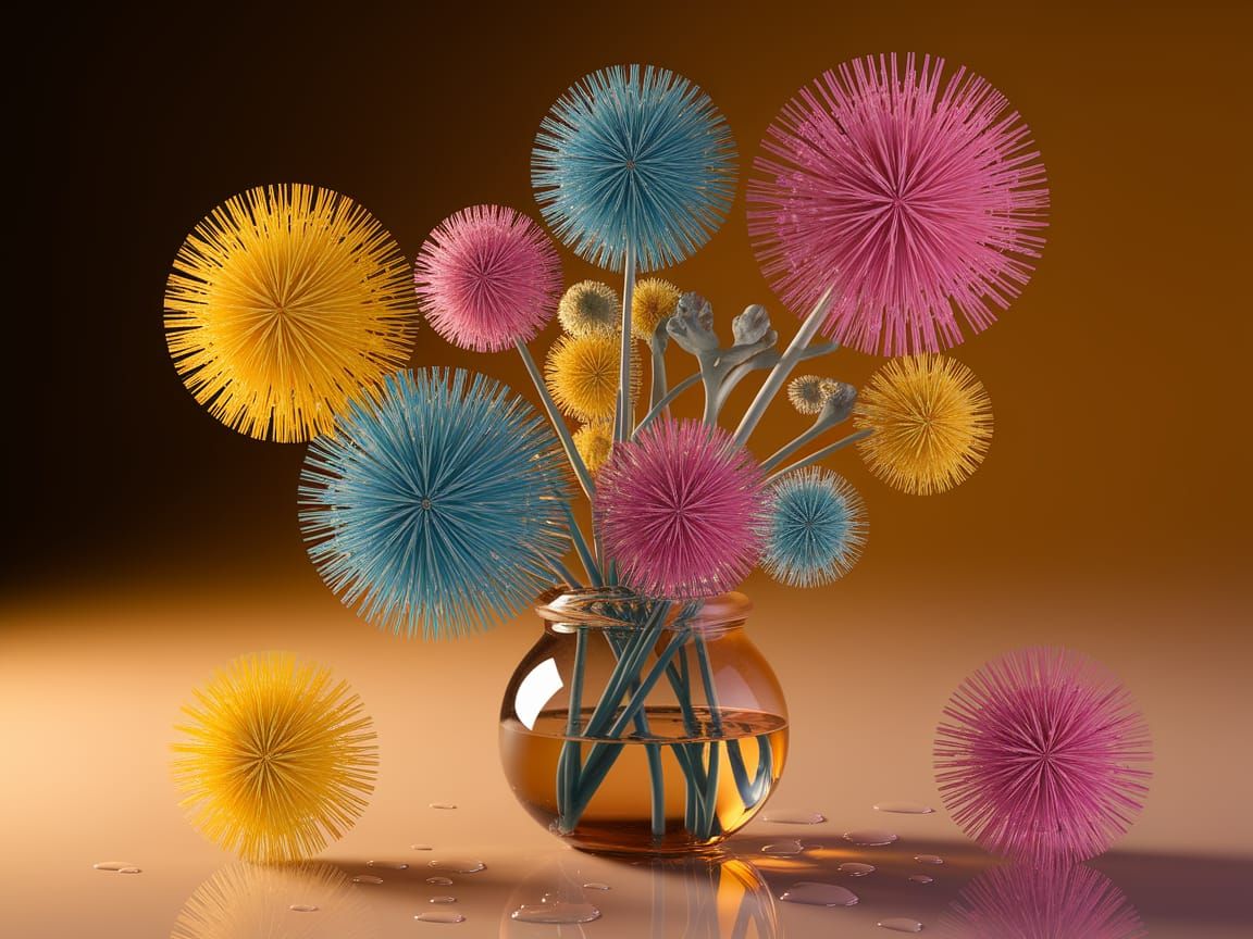 Vibrant Hyper-Realistic Still Life with Glass Vase and Whims...