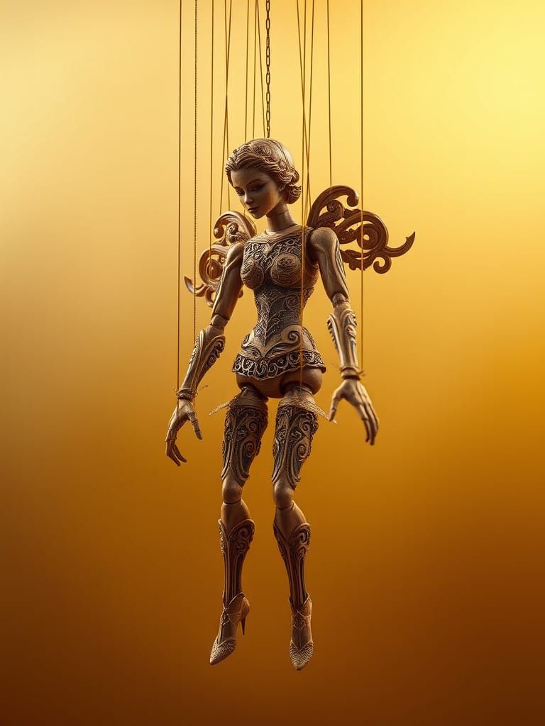 Ornate Marionette Suspended by Golden Strings: Digital Art