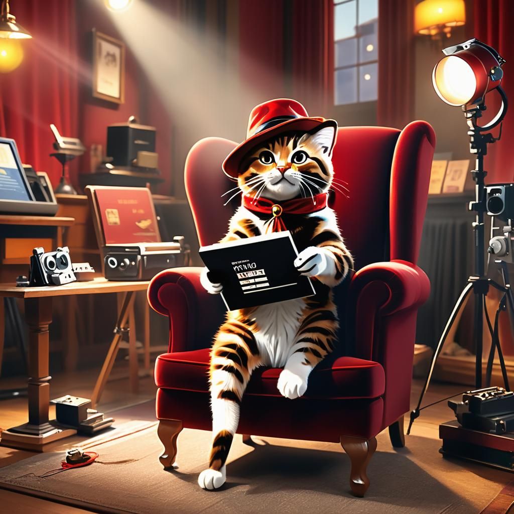 Cat Director in Film Studio: Digital Illustration
