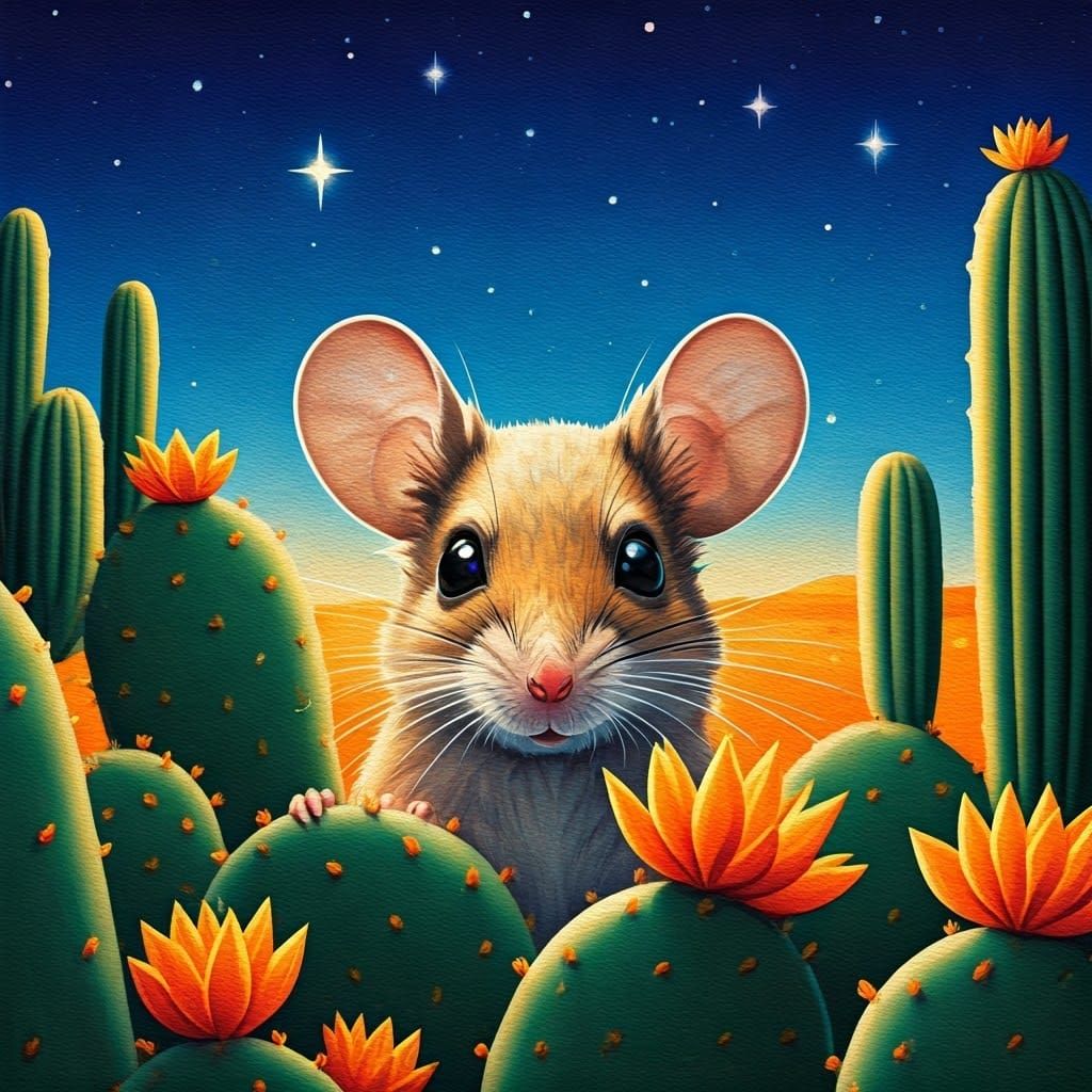 Desert Mouse in Starlit Cactus Scene, Whimsical Ink Painting