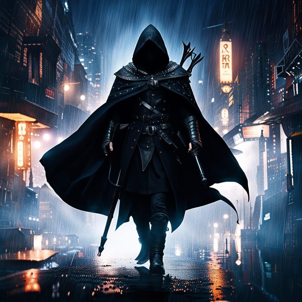 Mysterious Archer in Rainy Cityscape