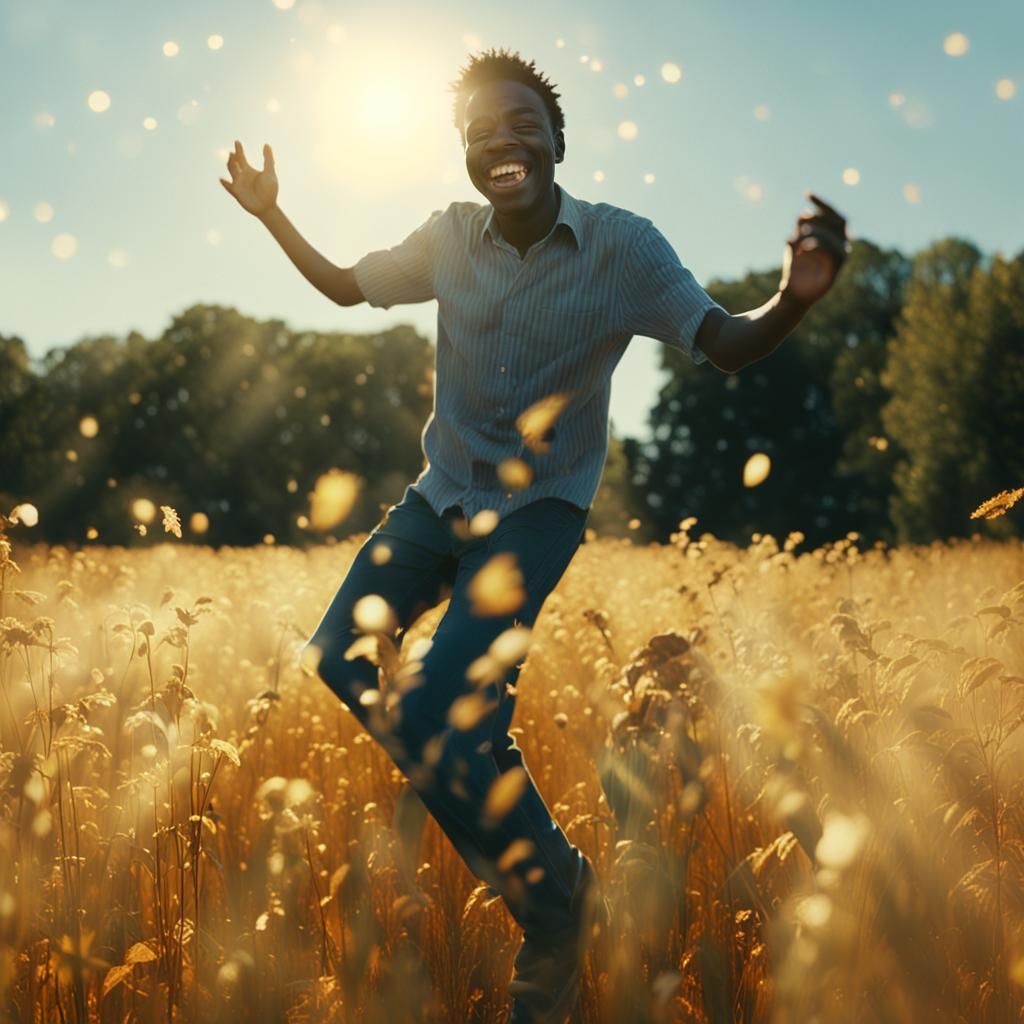 Person Smiling in Sunlit Field: Hyper-Realistic Digital Art