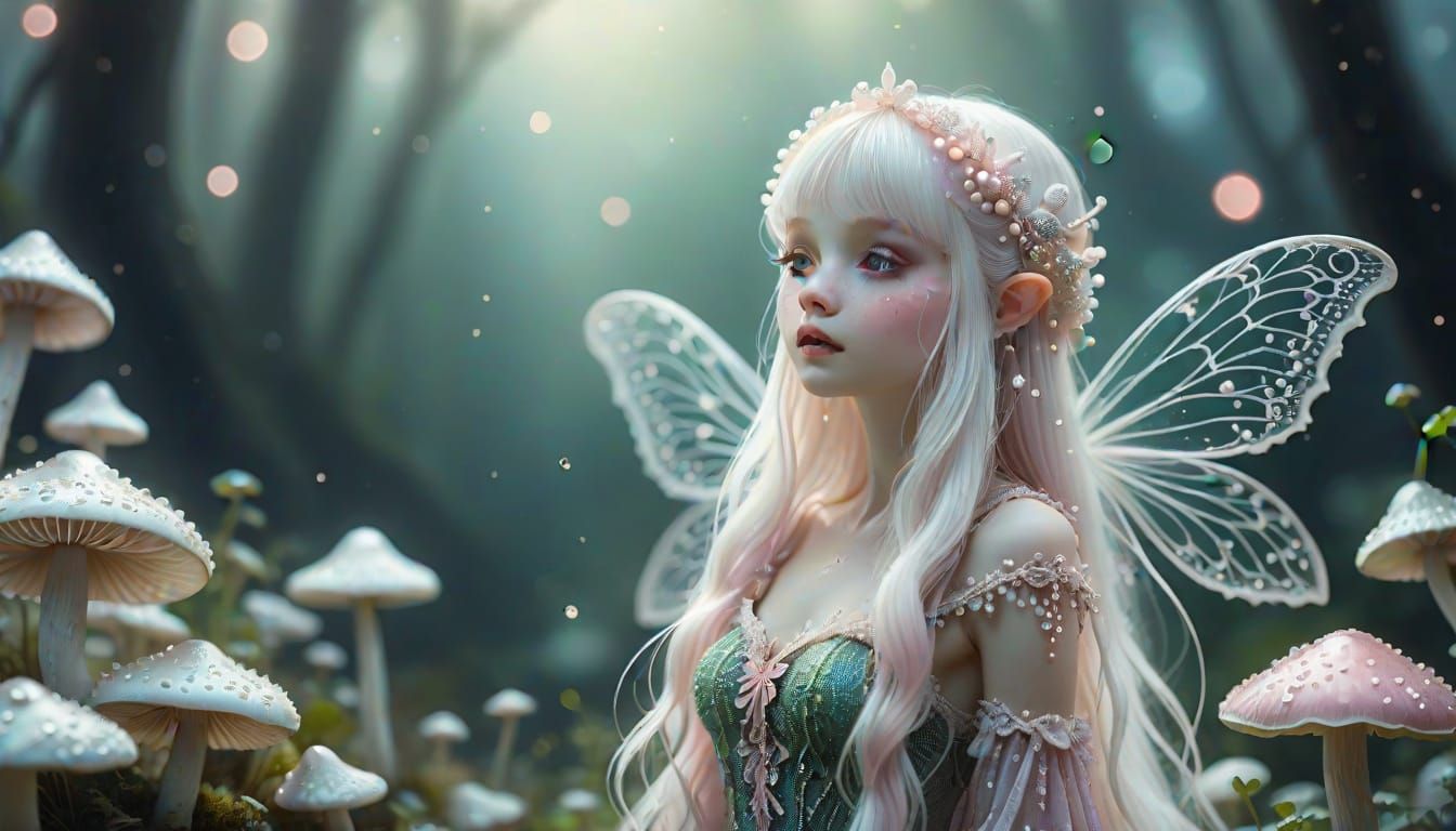 Ethereal Pearl Fairy on Mushroom in Misty Fantasy