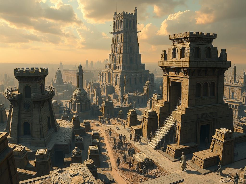 Tower of Babel Construction in Dystopian Cityscape