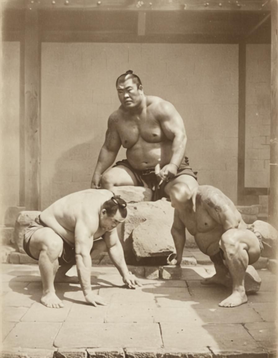 Film Noir Sumo Wrestler in Japanese Courtyard