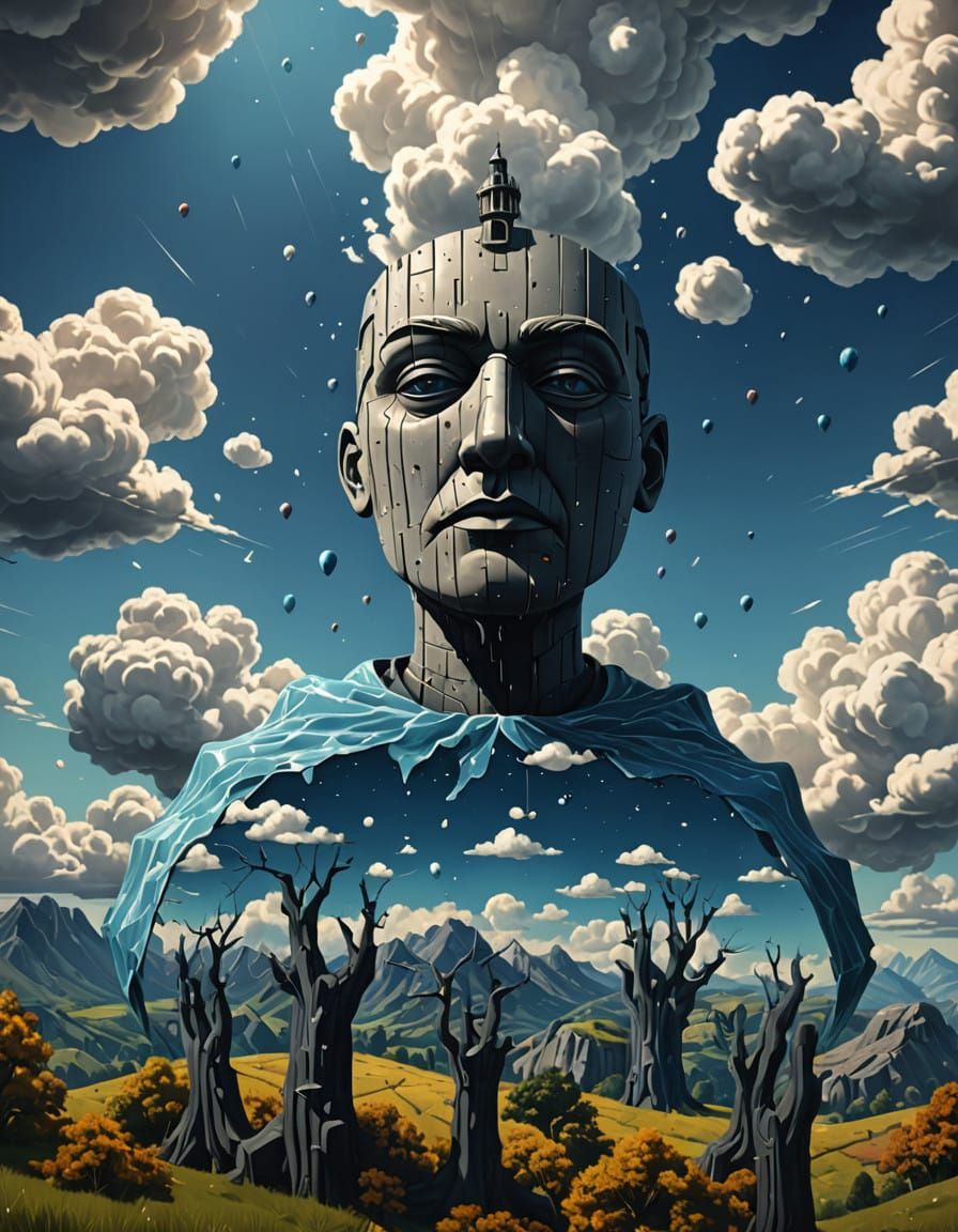 Magritte landscape with floating head