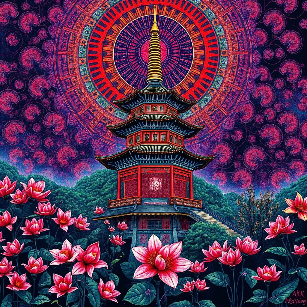 Batik Pagoda with Fractal Patterns in Digital Art