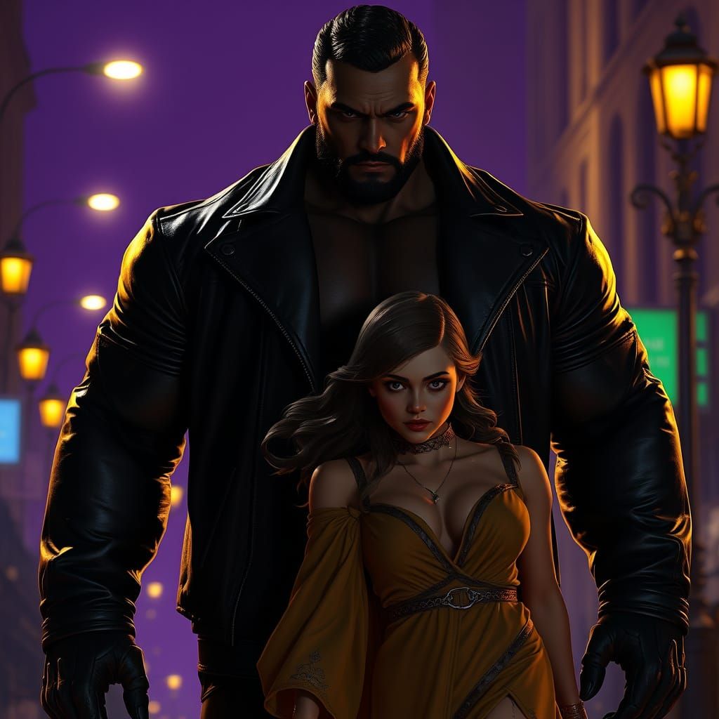 Muscular Guardian Protects Delicate Woman in Dark Fantasy Sc...