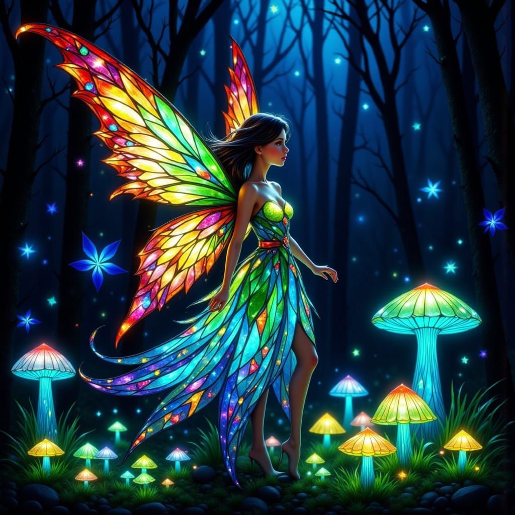 Stained Glass Fairy in Bioluminescent Forest