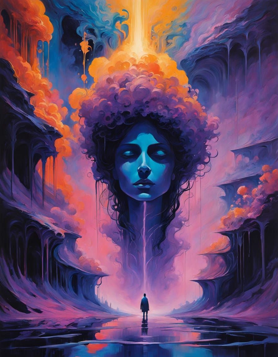 Silhouette Lost in Starless Void with Iridescent Tendrils