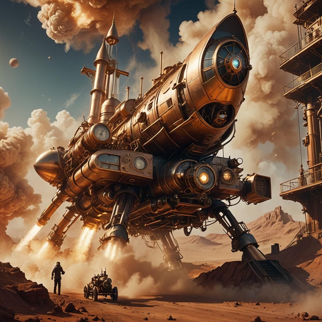 Steampunk Rocket Landing on Mars in Ethereal Light