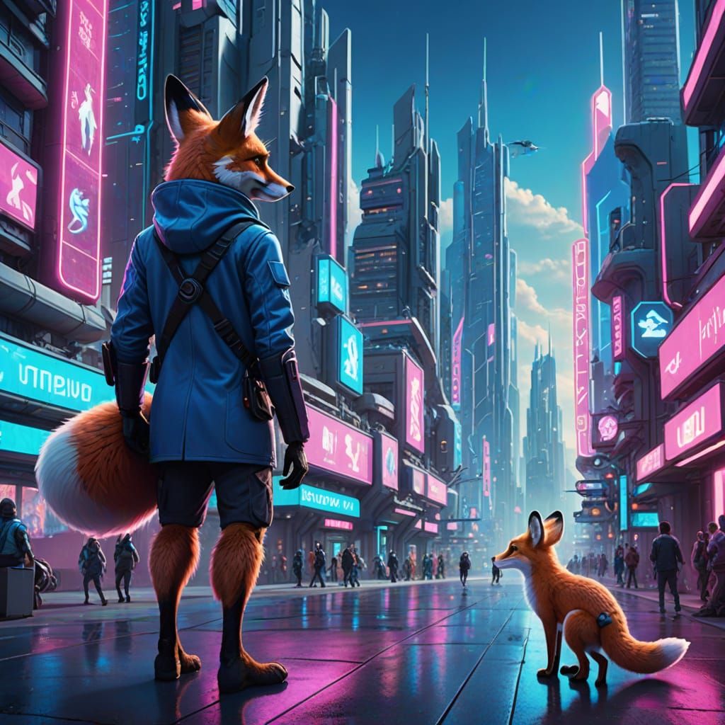 Futuristic Cityscape with Anthropomorphic Animals