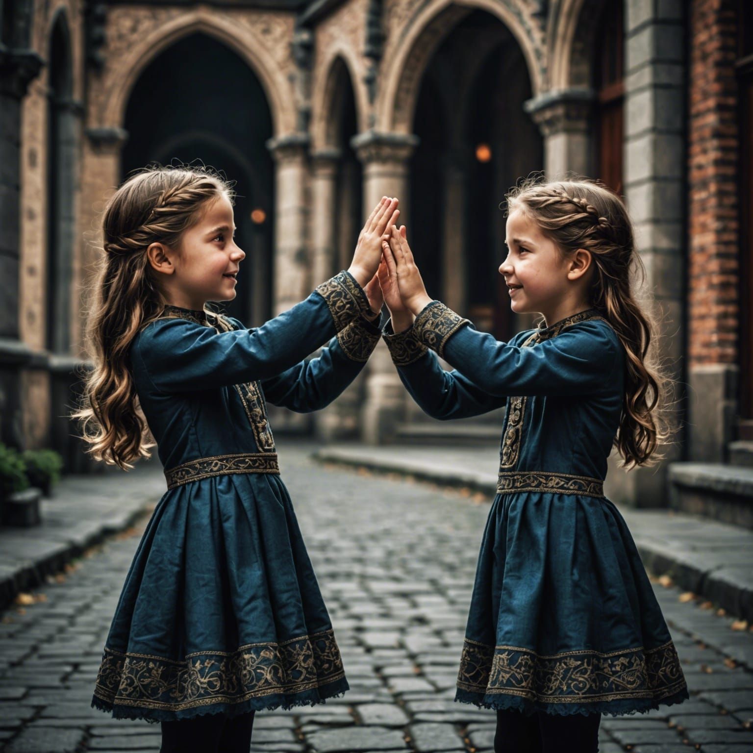 Sisters High Five in Hyperrealistic Style