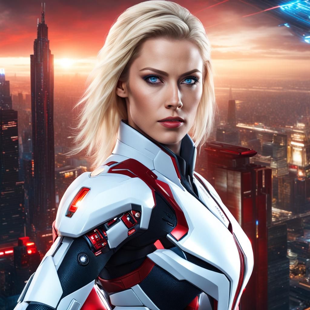 Futuristic Cyborg Woman in Cityscape, Digital Art