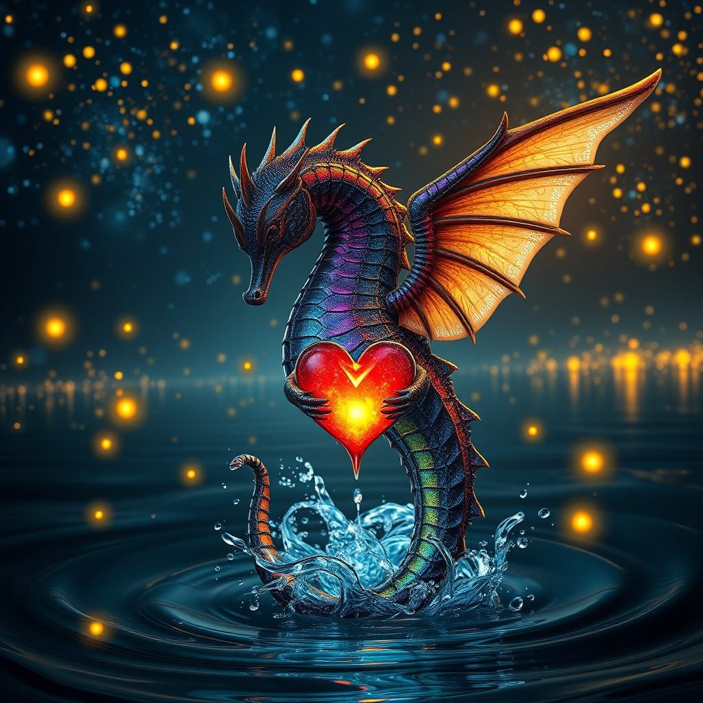 Winged sea horse, black and rainbow, holding a melting heart...