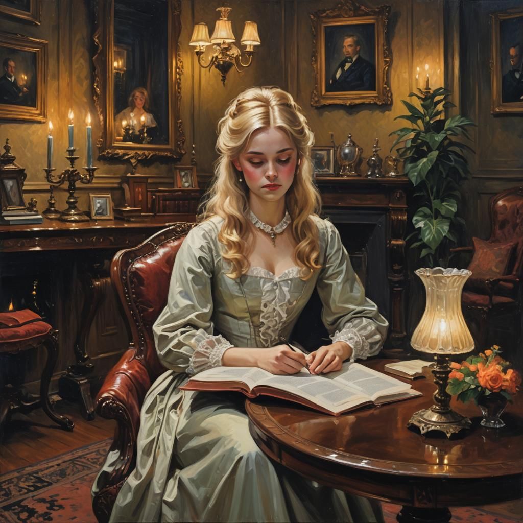 Victorian Girl Reading: Oil Painting Night Scene