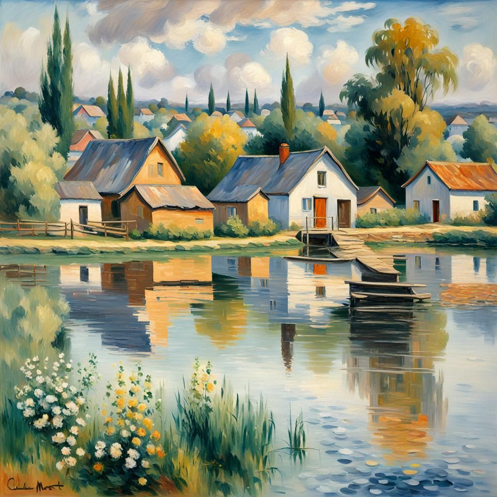 Impressionist Village Settlement Reflected in Lake