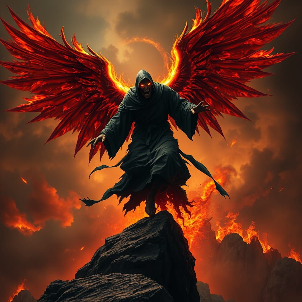 Fiery Angel of Death Soars Towards the Camera in a Dark, Gig...