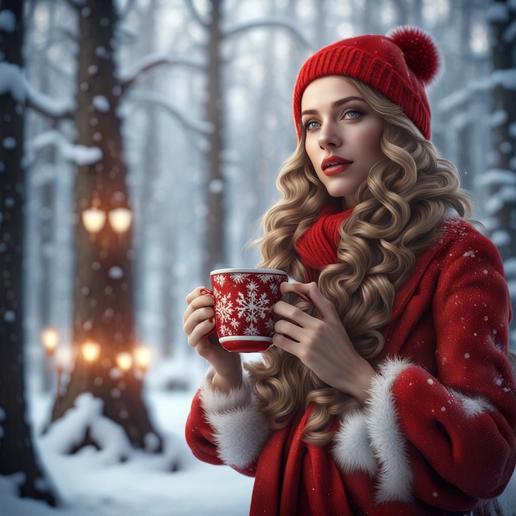 Beautiful Woman Enjoying Coffee in Winter Wonderland