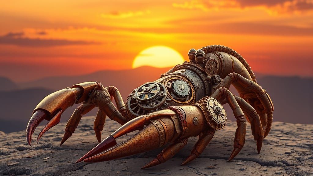 Steampunk Scorpion Against Sunset Sky