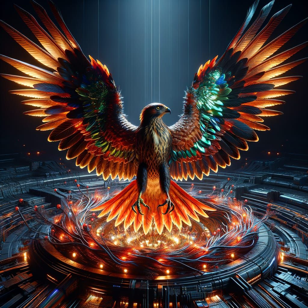 Iridescent Red-Tailed Hawk in Sci-Fi Landscape