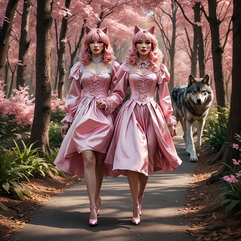 Trans Woman in Pink Satin in a Forest, Anime Art