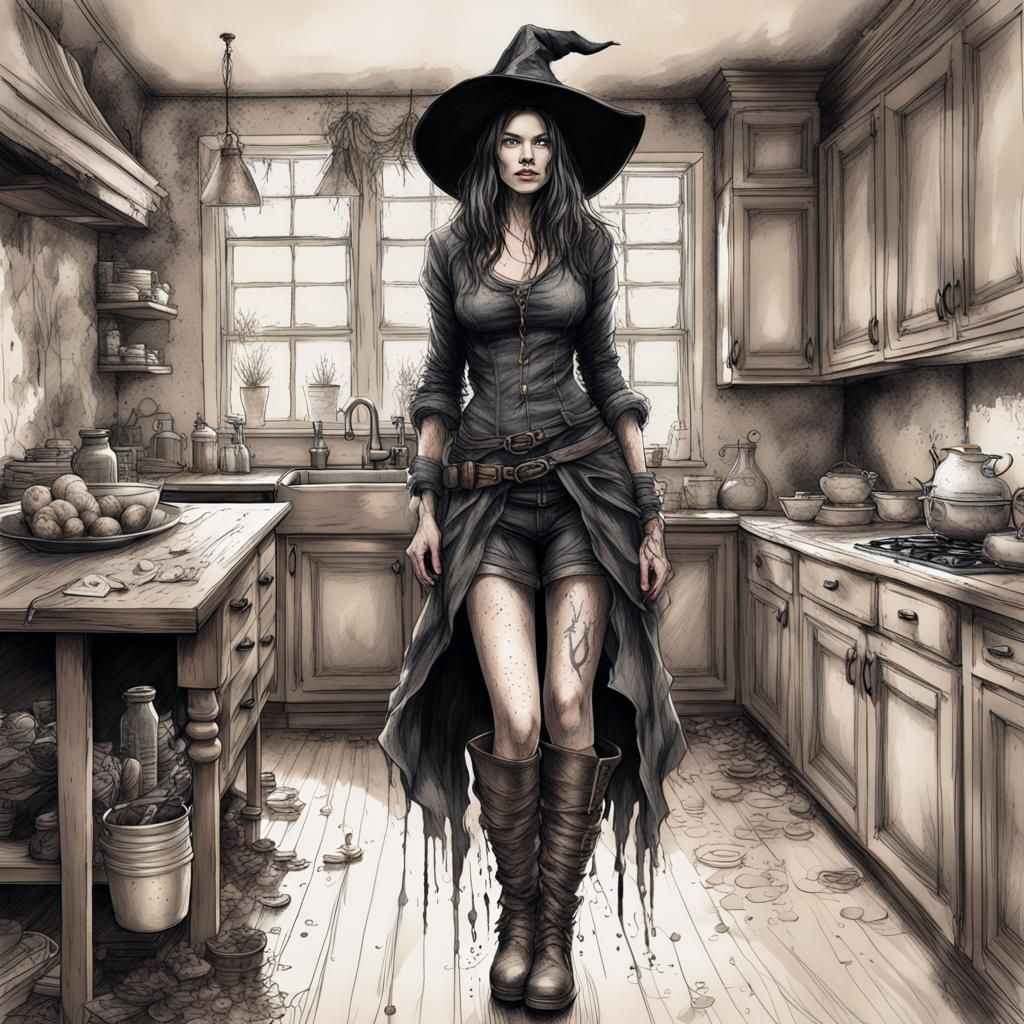Beautiful Witch Portrait in Dark Fantasy Sketch Style