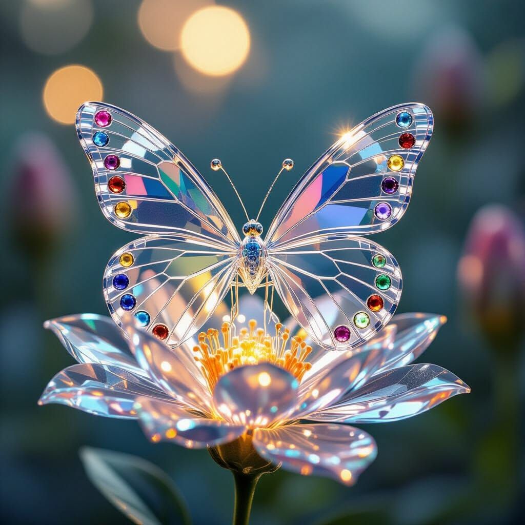Crystal Butterfly and Flower in Ethereal Fantasy Light