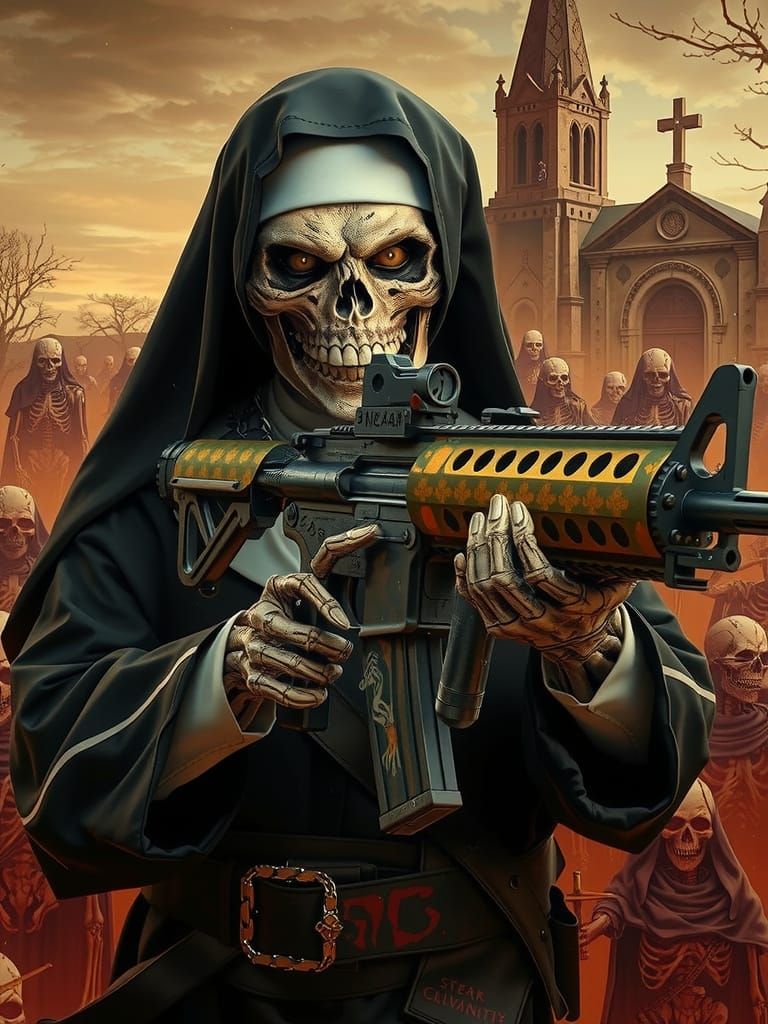 Gothic Apocalypse: Skeletal Nun with Machine Gun