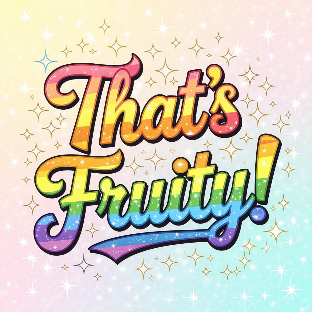 Rainbow "That's Fruity!" Sparkle Text in Pop Surrealism Styl...