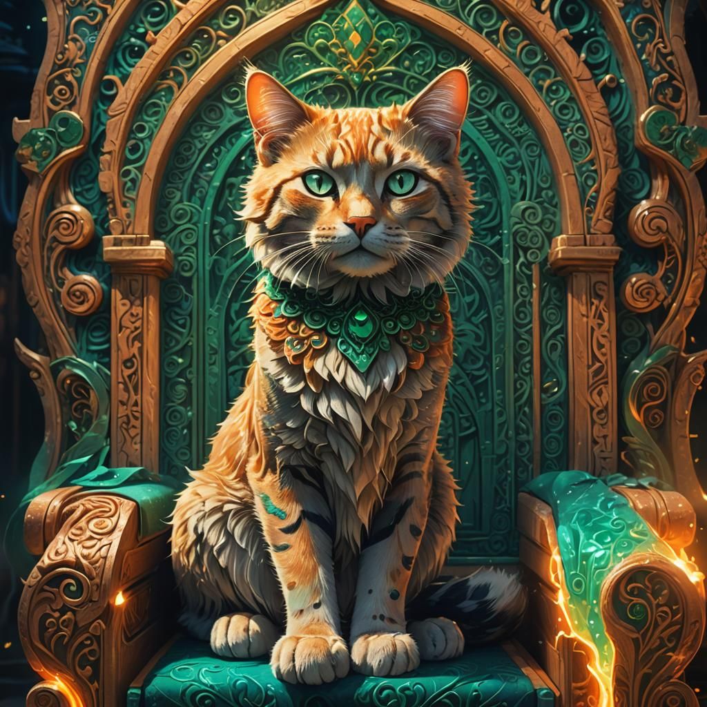 Mystical Cat Queen on Glowing Throne