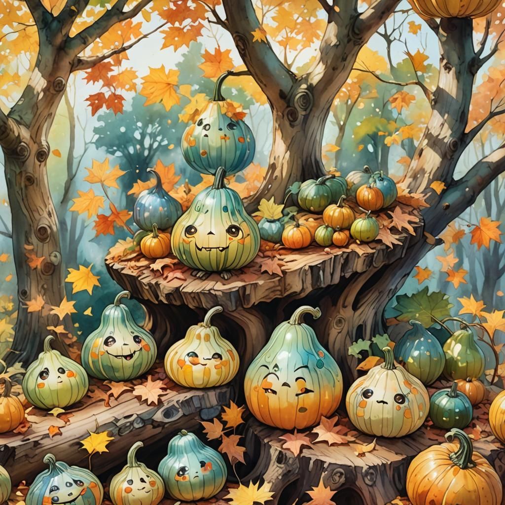 Whimsical Anime Gourds on Tree Stump