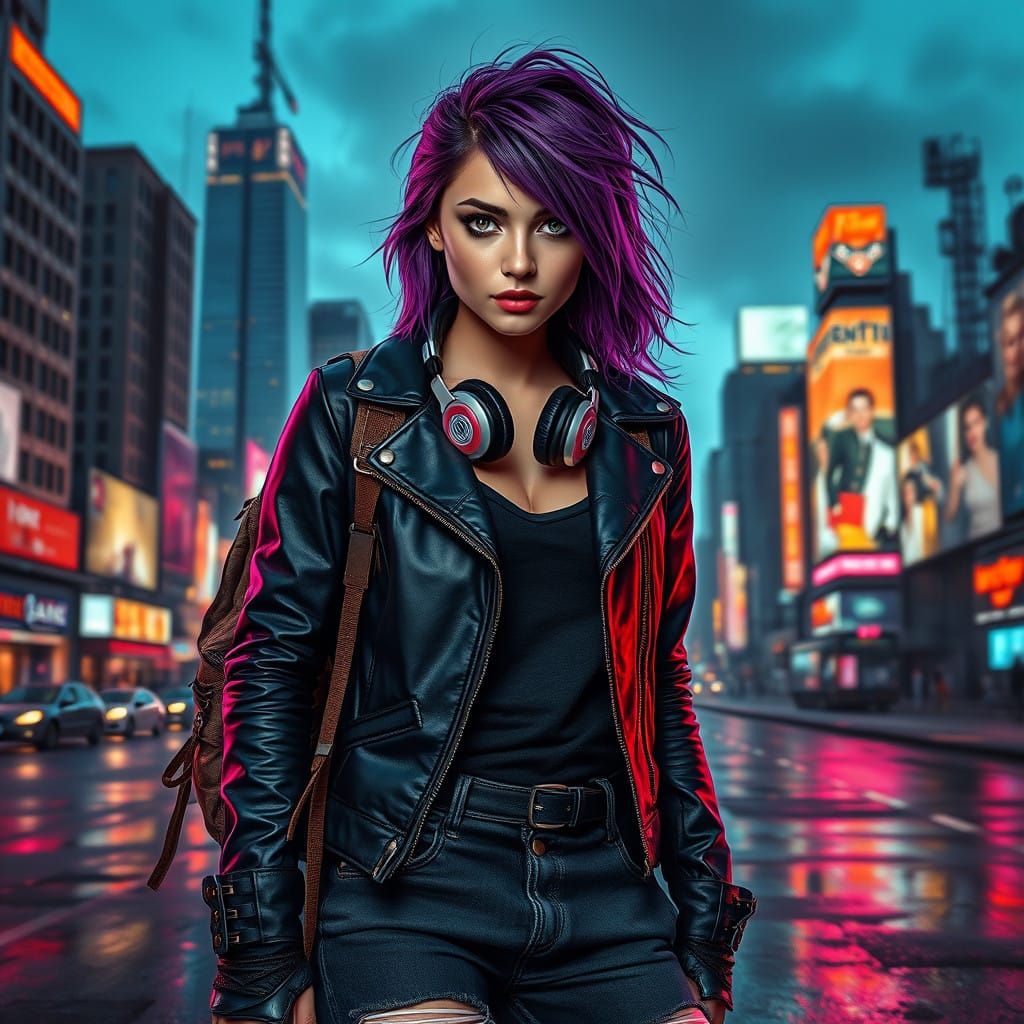 Gritty Cyberpunk Warrior Stands Amidst Futuristic City Ruins