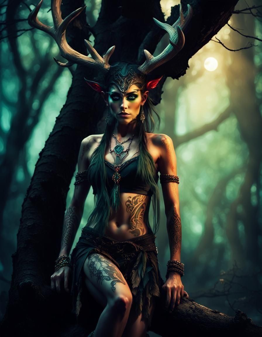 Mysterious Forest Elf with Antlers and Tattoos
