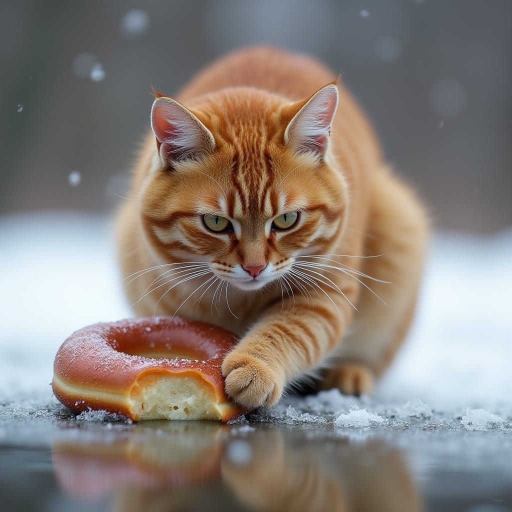 Ginger Cat Defiantly Buries Donut on Frozen Pond in Winter
