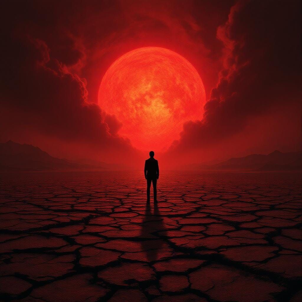 Fiery Sunset Silhouette over Barren Landscape