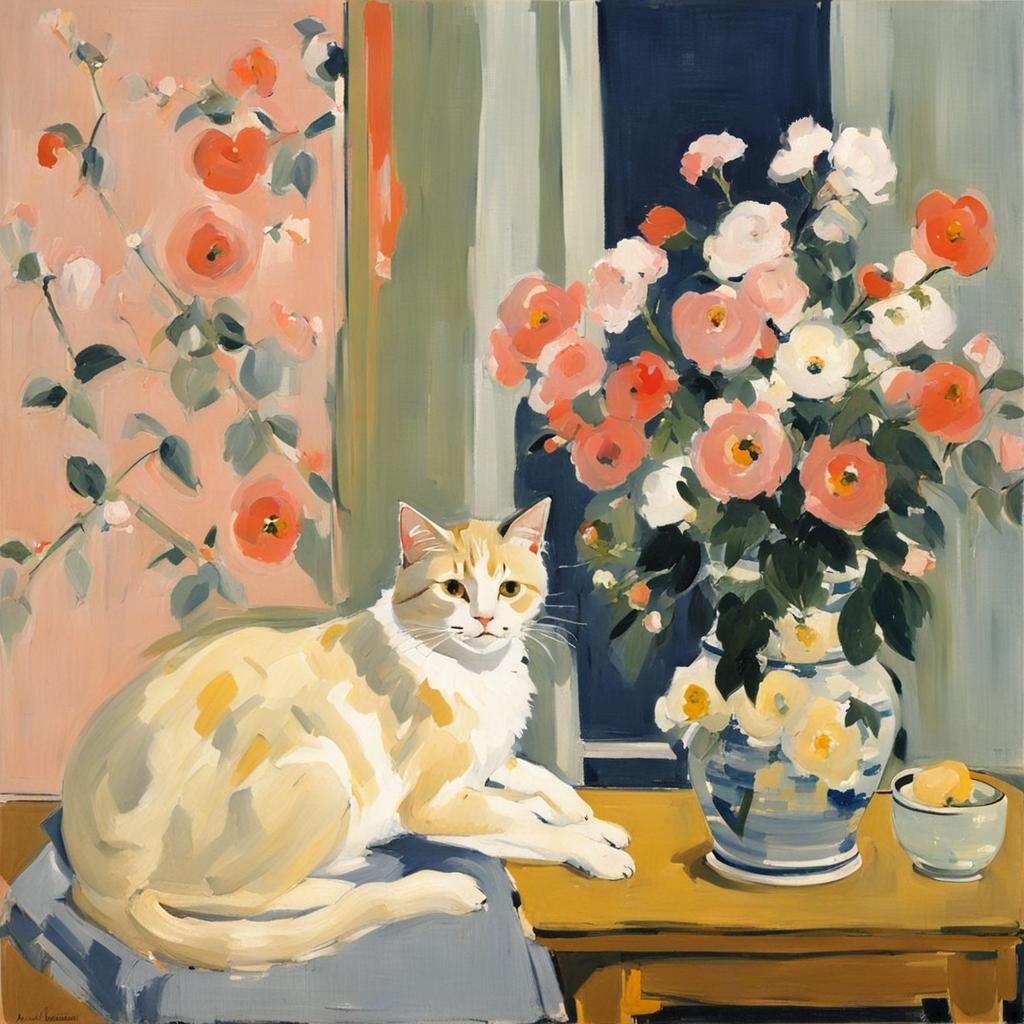 Cute Cat with Flowers in Realism Style