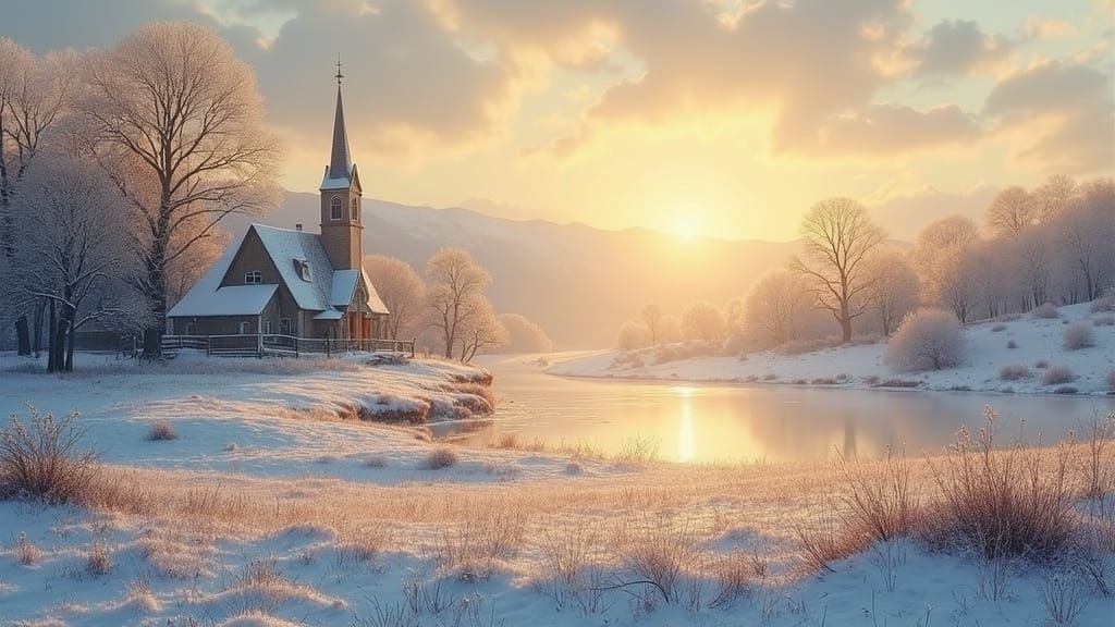 Sunlit Winter Church Landscape in Golden Hour Oil Painting S...