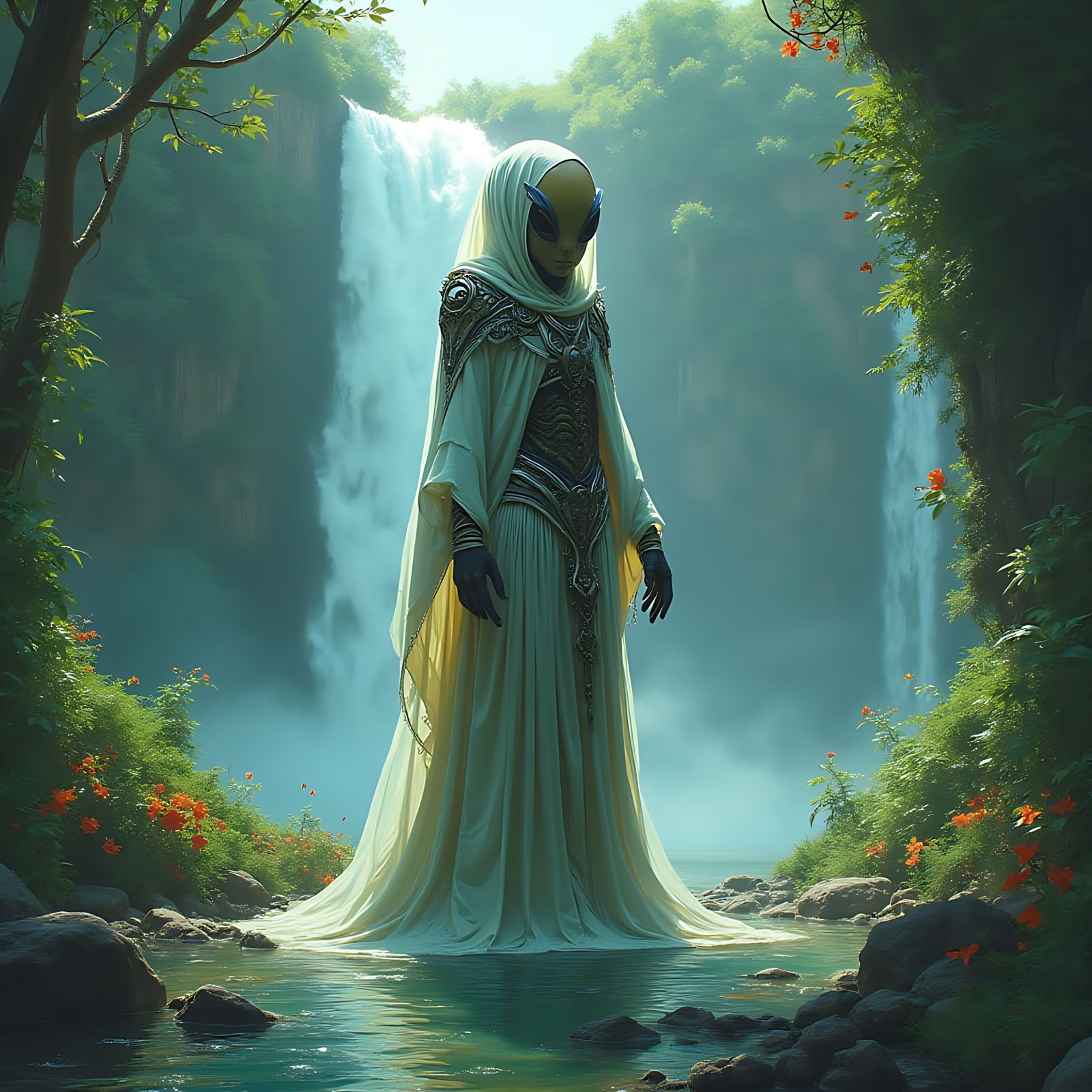 Alien in Beautiful Waterfall Landscape