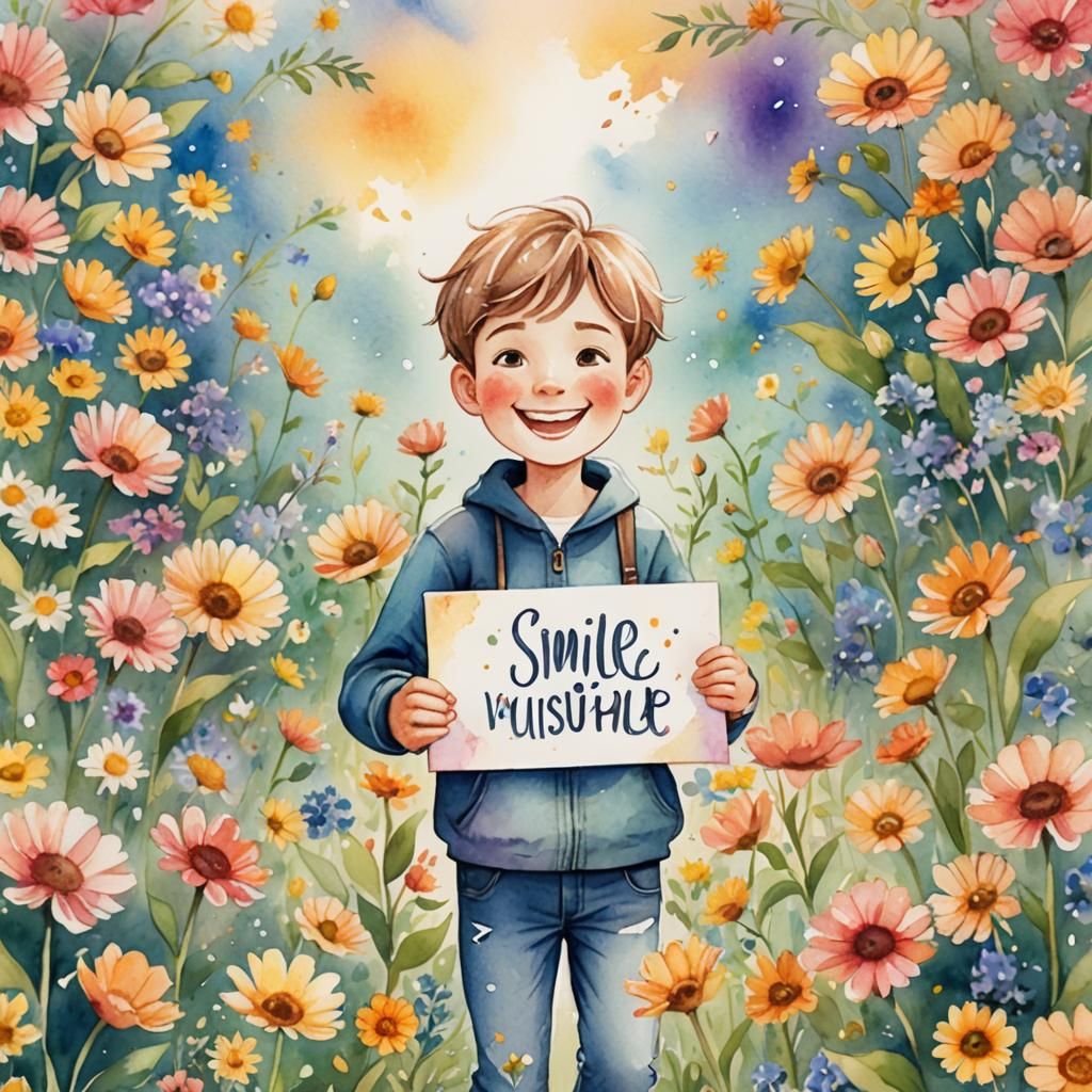 Boy Holding Sign in Watercolor Illustration