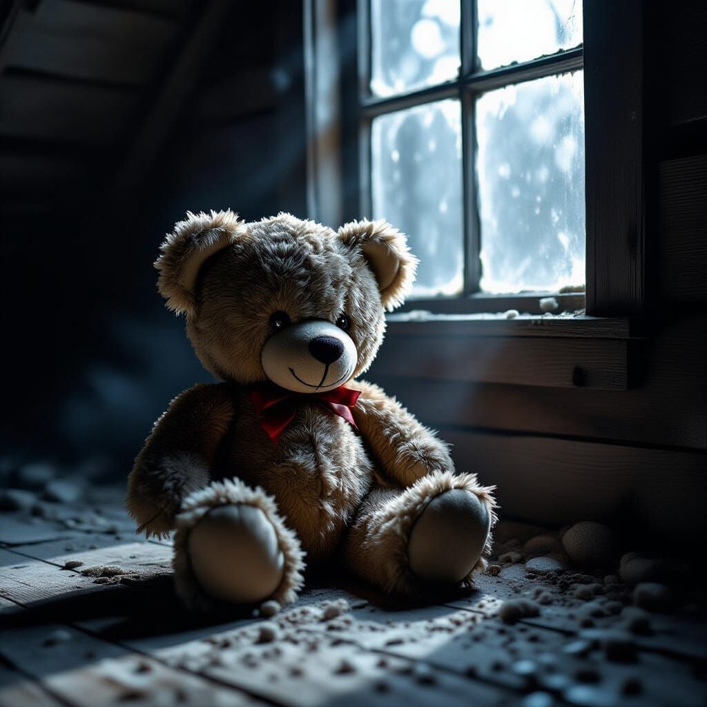 Tattered Teddy Bear in Dark Gothic Attic Style