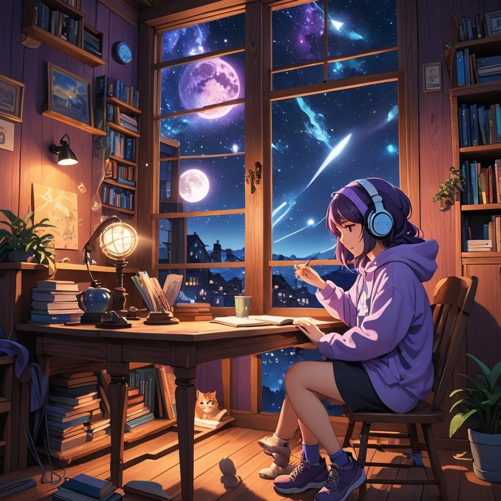 Lofi Girl Studying at Night, 3D Anime Art