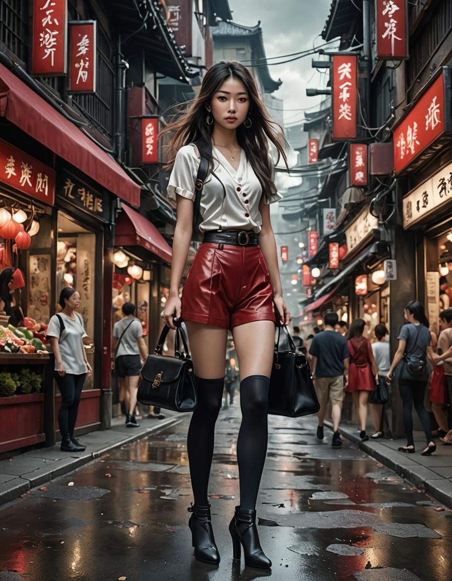 Japanese Girl on Busy Street: Detailed Matte Painting