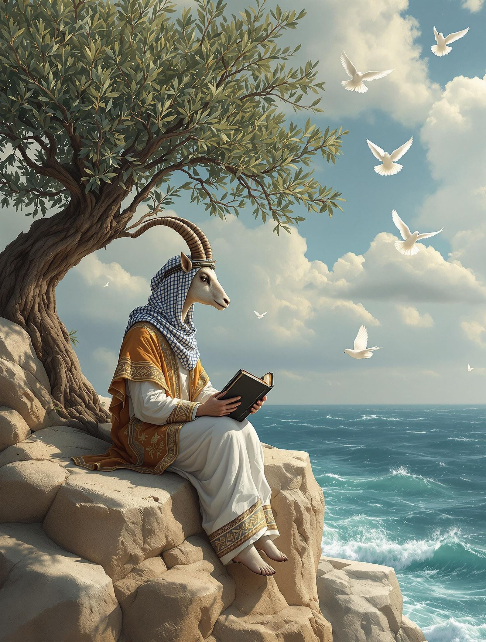 Surreal Palestinian Folk Art Landscape with a Serene Gazelle