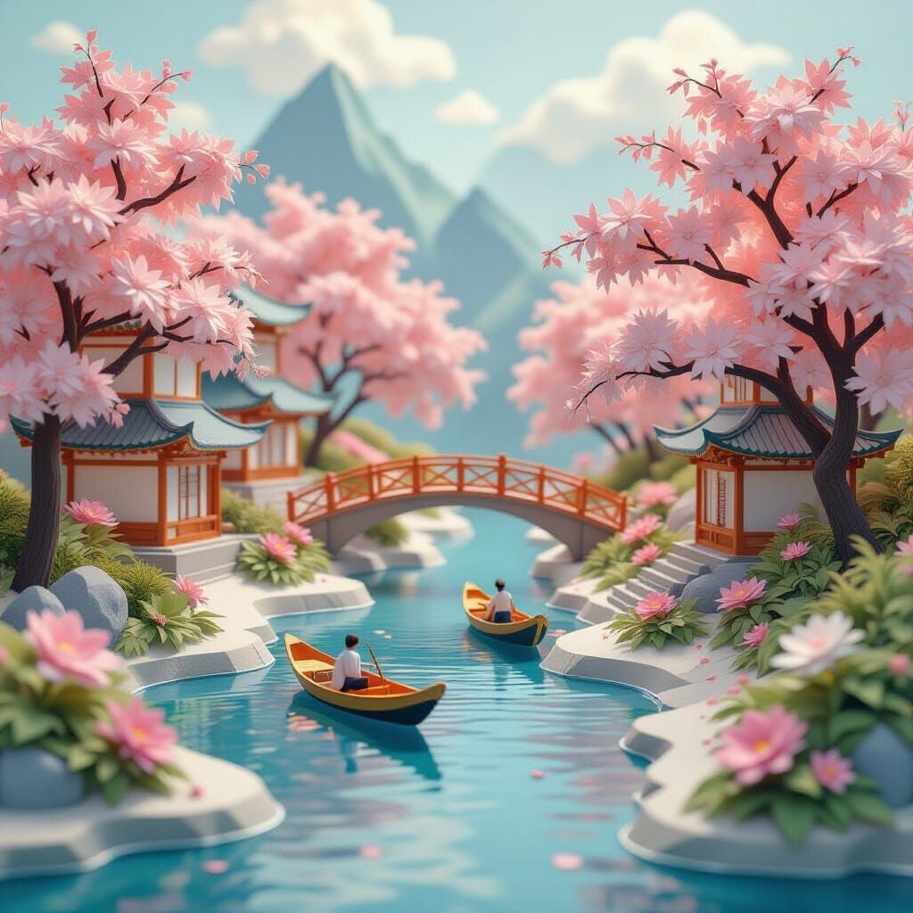 Serene Papercraft Landscape with Origami Folds