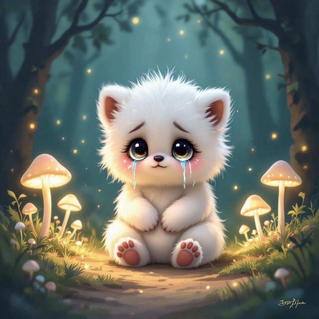 Sad Fluffy Creature in Glowing Forest