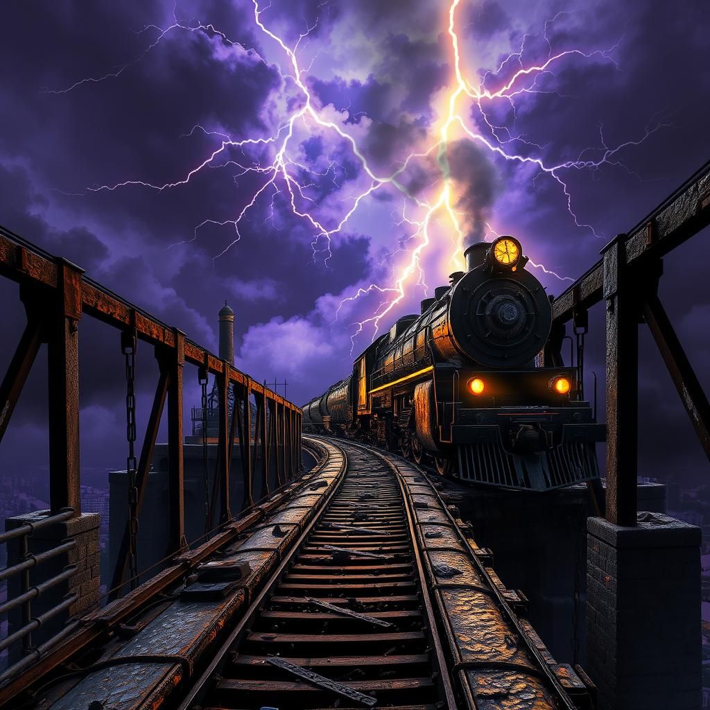 Freight Train on Bridge in Ominous, Art Nouveau Night